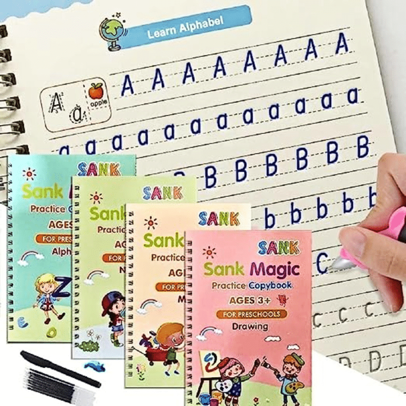 Magic Book Practice Sank (4 Books + Magic Pen & 10 Ink Refills) Sank Magic Book For Montessori Children Tracing Handwriting First Pre-school Baby Learning Books For Kids