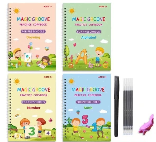 Magic Book Practice Sank (4 Books + Magic Pen & 10 Ink Refills) Sank Magic Book For Montessori Children Tracing Handwriting First Pre-school Baby Learning Books For Kids