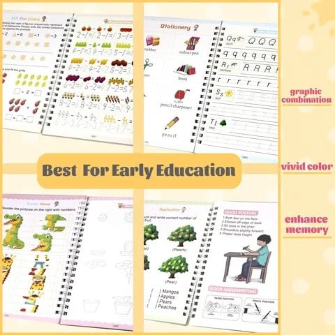 Magic Book Practice Sank (4 Books + Magic Pen & 10 Ink Refills) Sank Magic Book For Montessori Children Tracing Handwriting First Pre-school Baby Learning Books For Kids